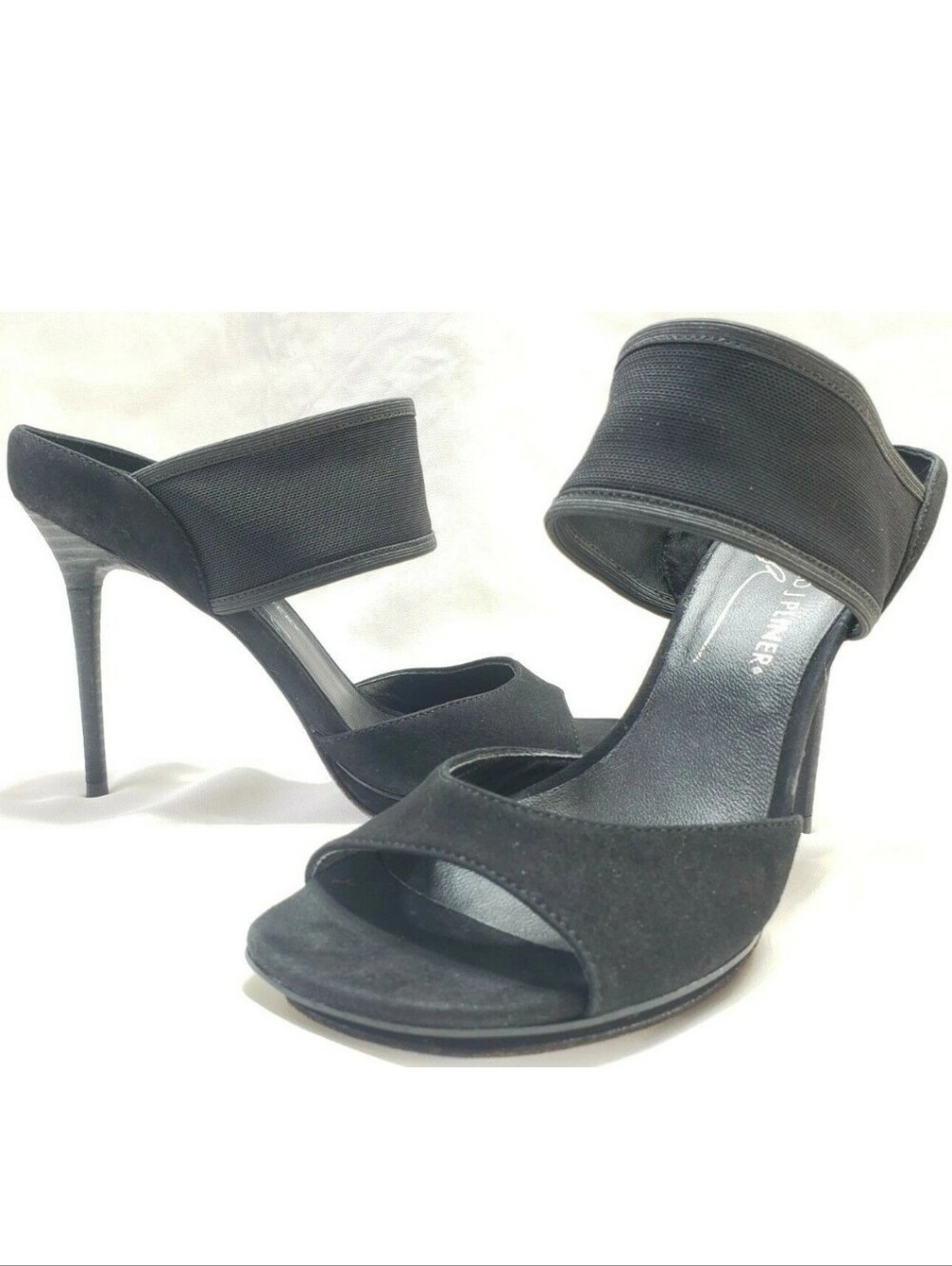 DONALD J PLINER Italy Black Pumps Sz 6 Suede Elastic Stiletto Heel Open Toe